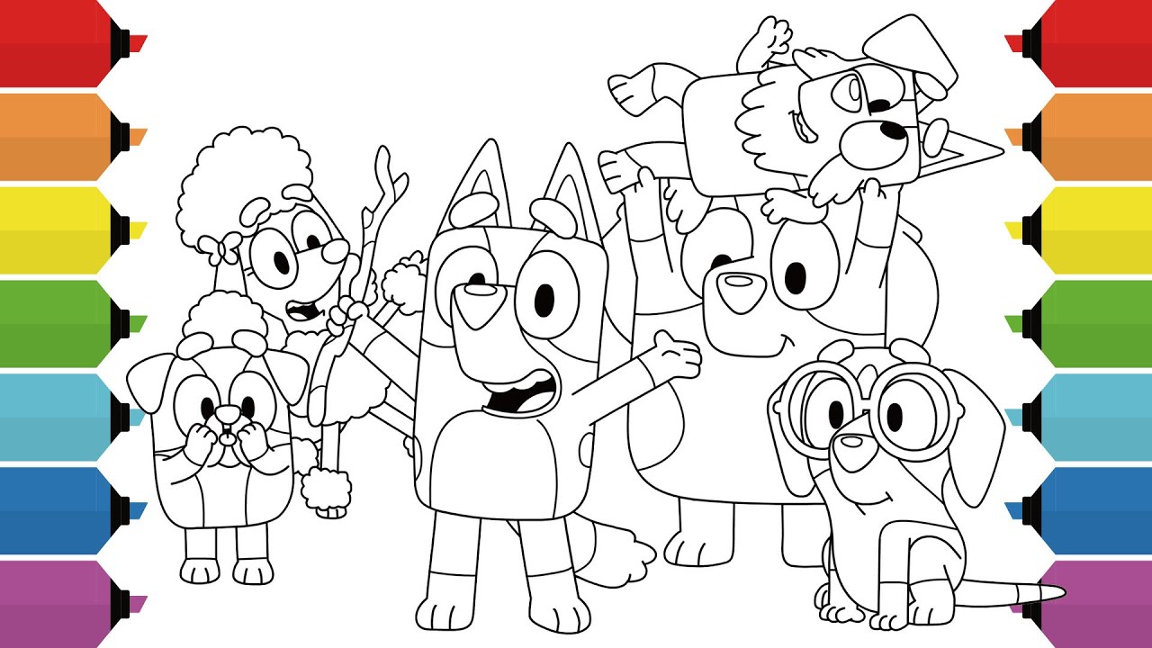 Coloring Bluey & Friends Coloring Pages | Bluey, Coco, Mackenzie, Winton, Hercules & Honey | Markers