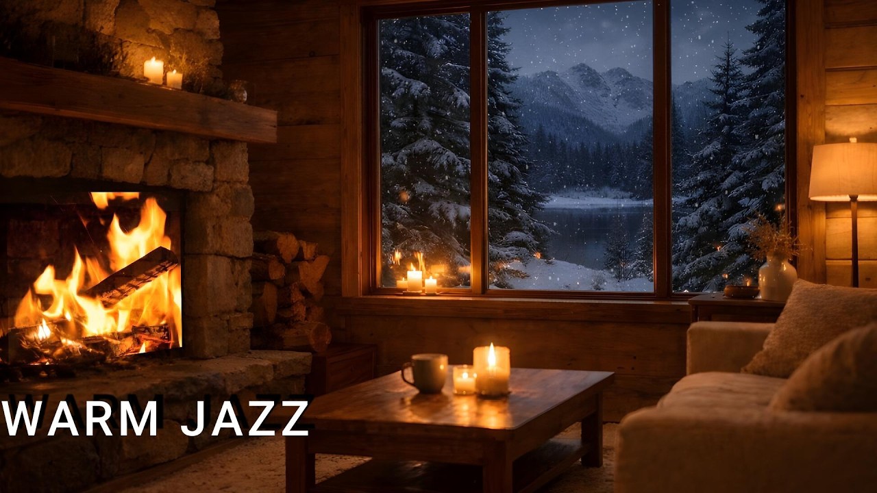 🔴 Warm Fireplace Jazz ❄️ Cozy Winter Cabin Ambience with Gentle Snowfall,live