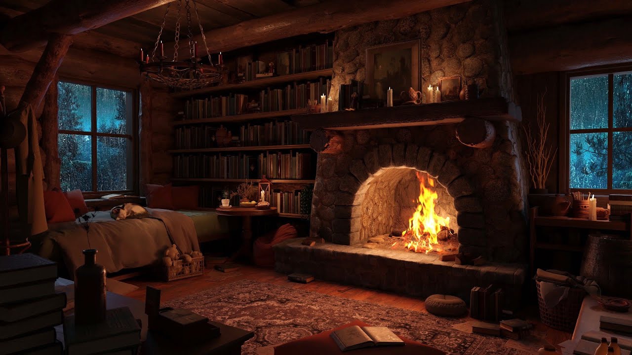 Cozy Hut Ambience - Thunder Night Rain & Warm Fireplace