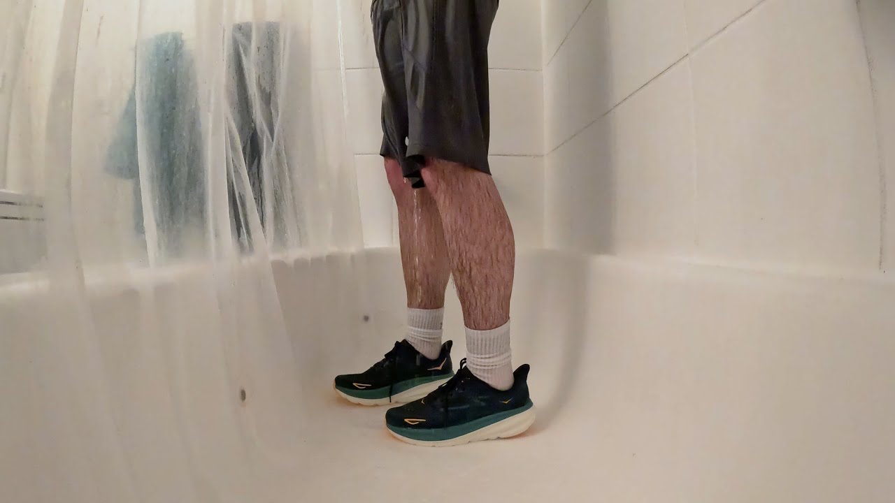 Brand New Hoka Clifton 9 Running Shoes Get Soaking Wet in the Shower Fully Clothed