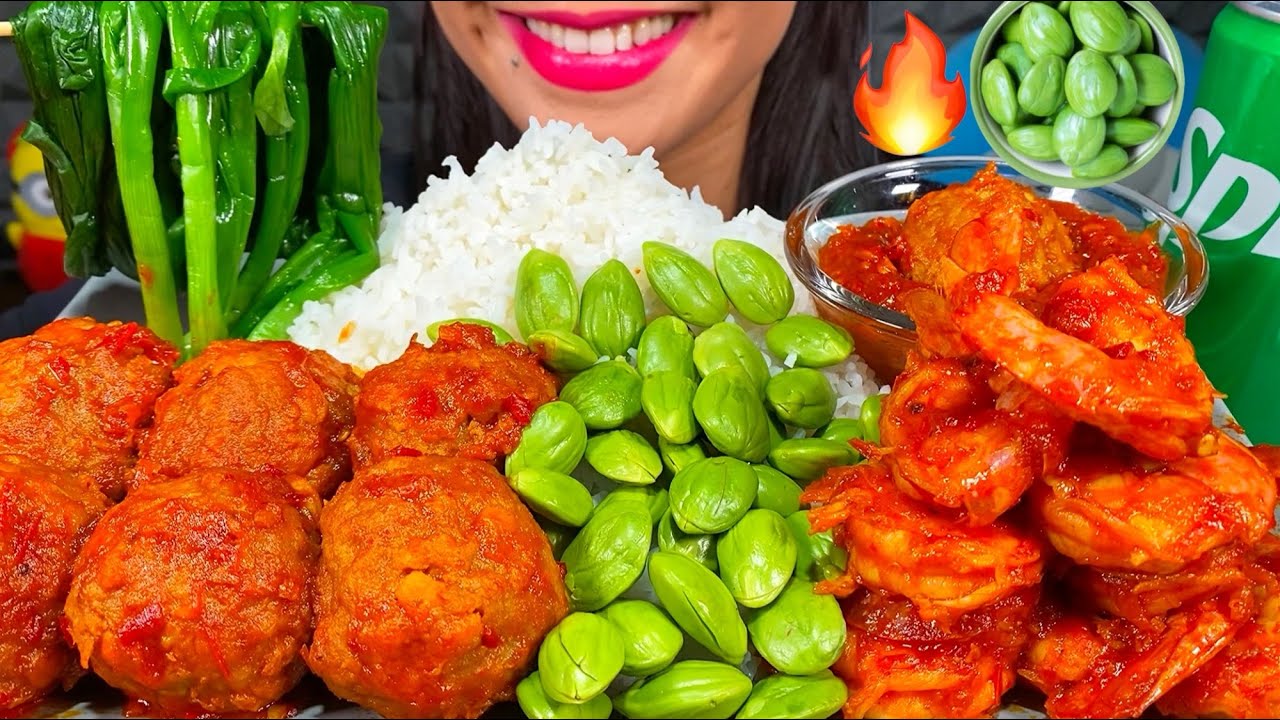 MAKAN BAKSO UDANG PETAI PEDAS *SPICY MEATBALL, SHRIMP, BEANS ASMR MASSIVE Eating Sounds