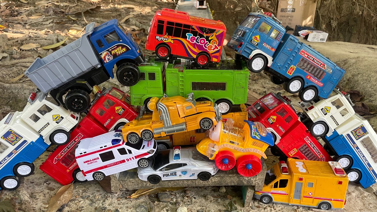 POLICE CAR, BUS TAYO TELOLET, DUMP TRUCK, FIRE TRUCK, AMBULANCE, ARMI CAR, AND THOMAS TRAIN