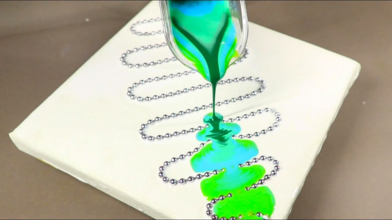 Chain pull technique Stack the color -Acrylic pouring green colors - fluidcomet