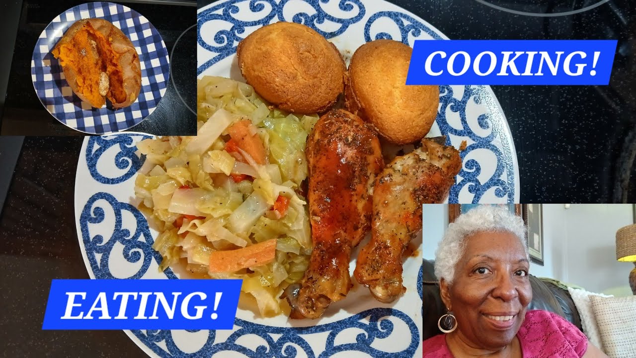 BBQ CHICKEN, CABBAGE & CARROTS, BAKED SWEET POTATO, CORNBREAD! YUMMY!