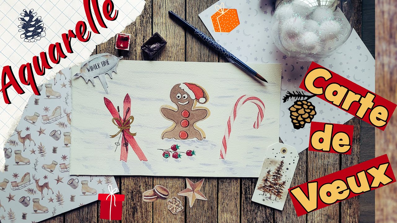 CARTE de vœux de Noël 🎄 AQUARELLE : pain d'épices, canne BONBON 🍭 neige ❄ (très FACILE) | WATERCOLOR