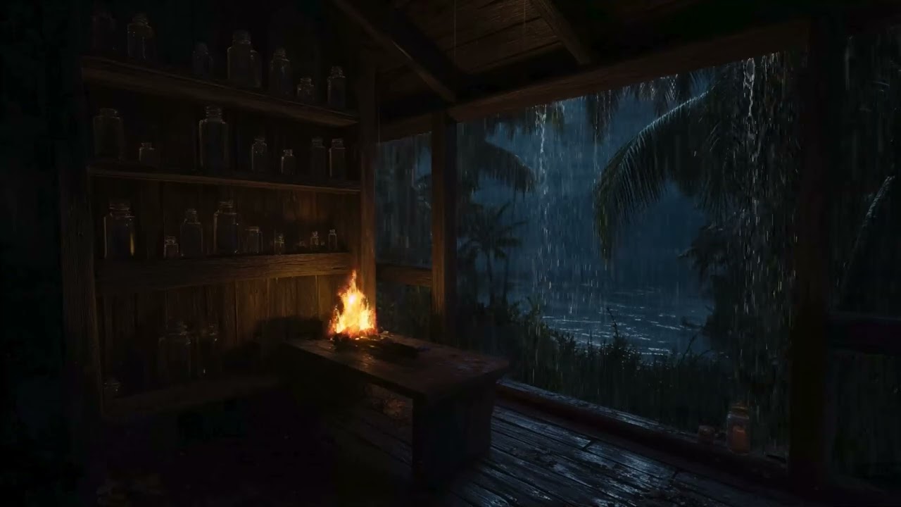 Fall Asleep in Minutes 💤 Forest Rain Sounds & Distant Thunder 🔥 Cozy Glass Cabin Fireplace Night