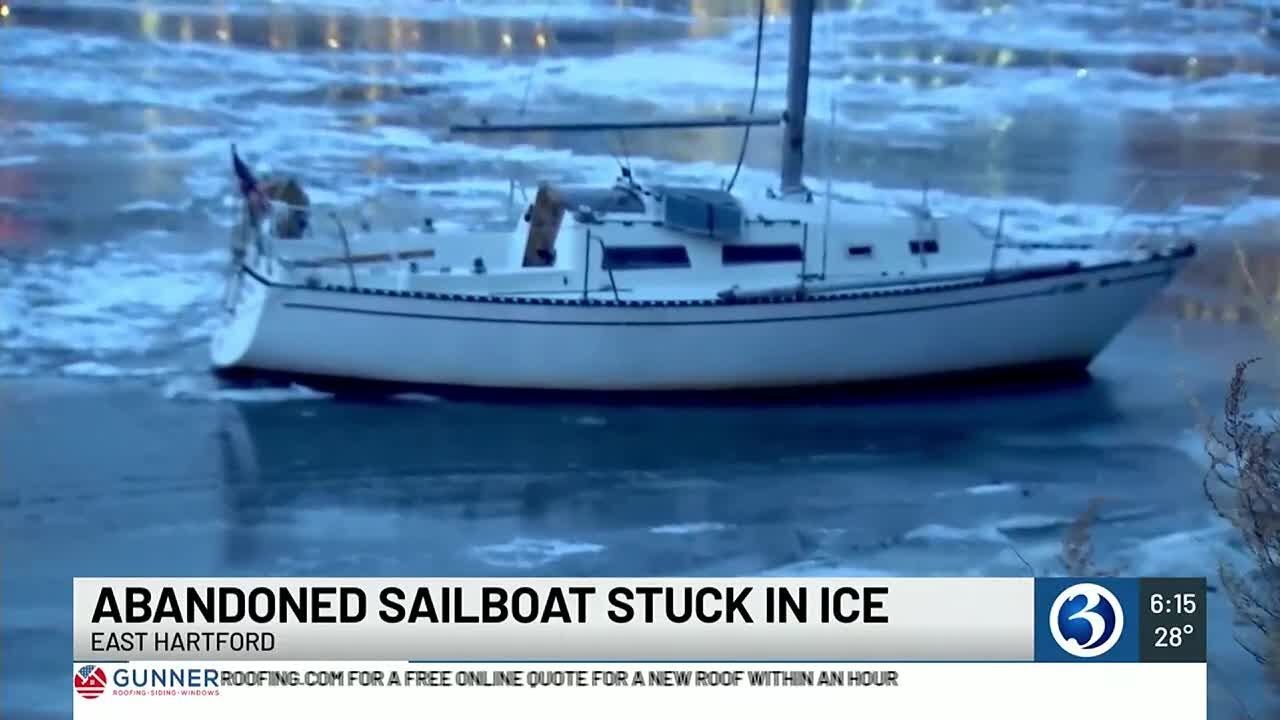 Boat iced in on Connecticut River in East Hartford