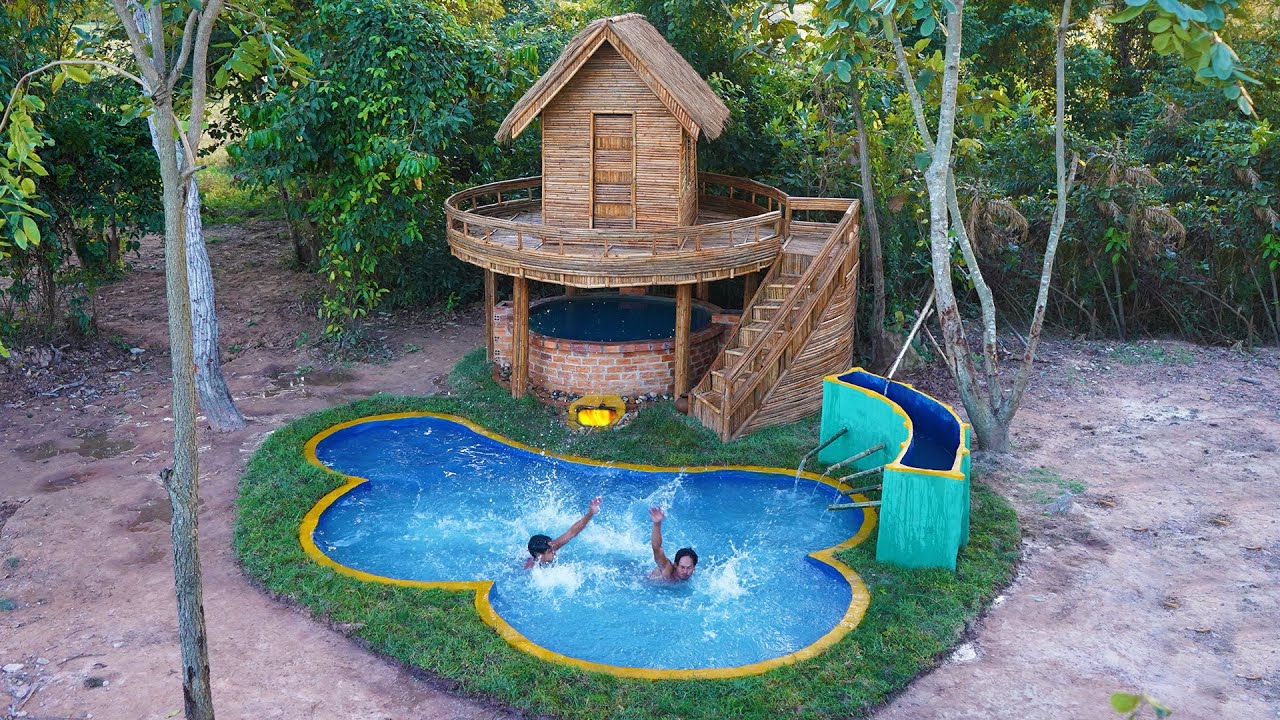 Build a Survival Cozy Bamboo House Under Has Heat Pool In The Wild With Swimming Pool And Water Park