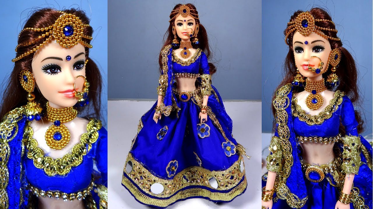 Barbie in BLUE BRIDAL LEHENGA | How to decorate barbie doll with Indian bridal lehenga and jewellery