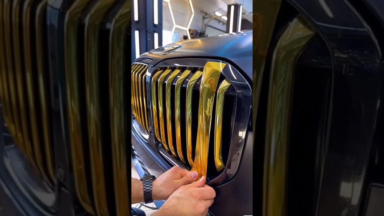 Gold Chrome Wrap on Car Grille | Satisfying Heat Gun Transformation 