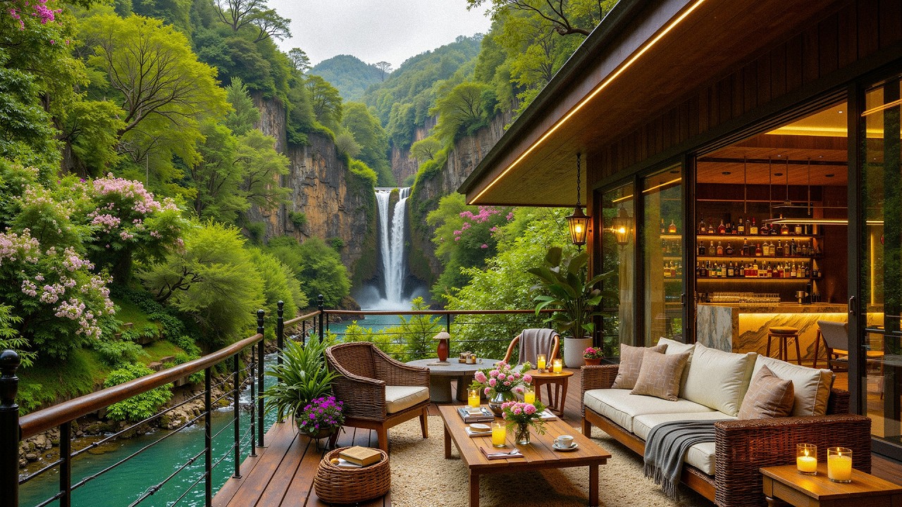 Luxury Forest Waterfall Coffee Jazz - Elegant Jazz Music with Nature Ambience for Relax & Focus
