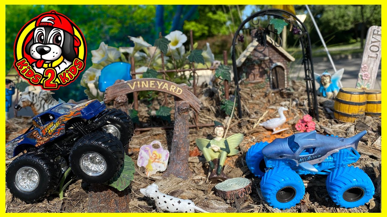 MONSTER JAM Toy Trucks - STONE CRUSHER & MEGALODON Fairy Doors Scavenger Hunt (ft MEGA Grave Digger)