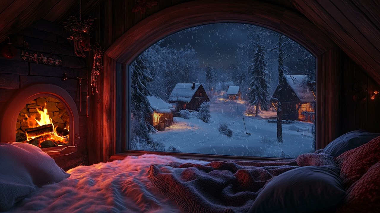 Serene Night: Soothing Snowfall and Fireplace Sounds for a Restful Sleep 😴✨ Unwind in the Cozy Room
