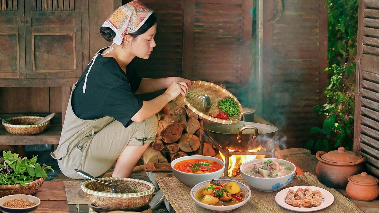 Rustic Vietnamese Countryside Cooking Wood Fire Taro Root Dishes, Cozy Garden Kitchen Vlog