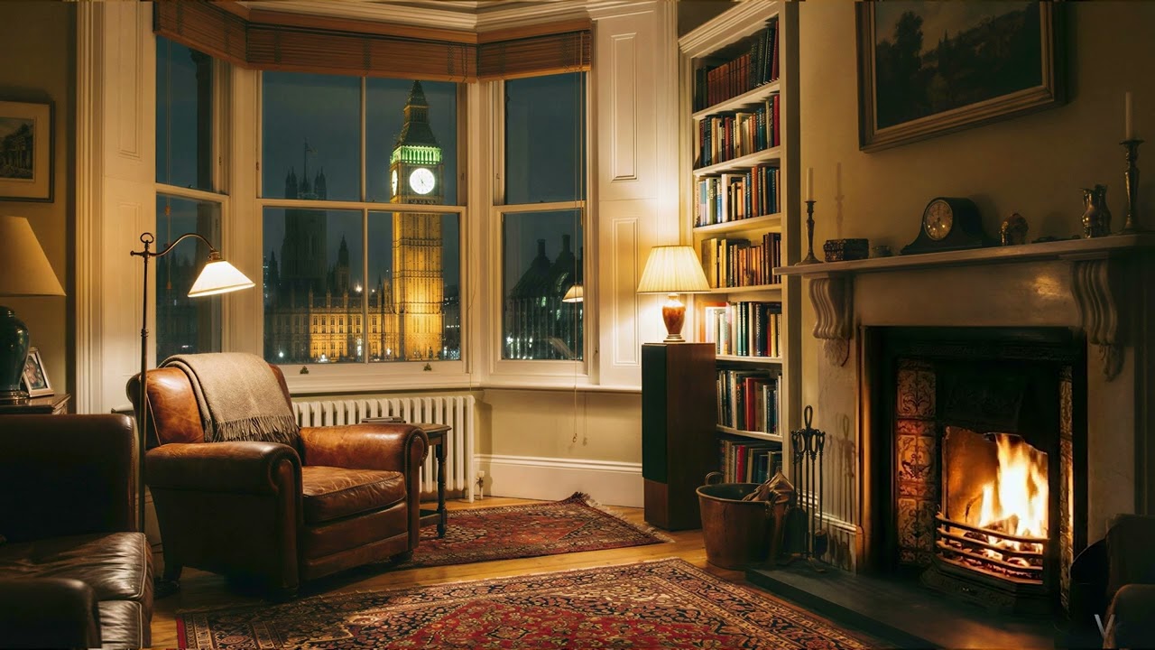 Midnight London Fireplace | Dark Big Ben View & Deep City Hum | 4K 8 Hours for Sleep