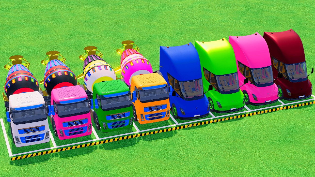 Trucks With COLORS - TRANSPORTING MIXER TRUCK and TRUCK with FLATBED TRAILER TRUCK #24