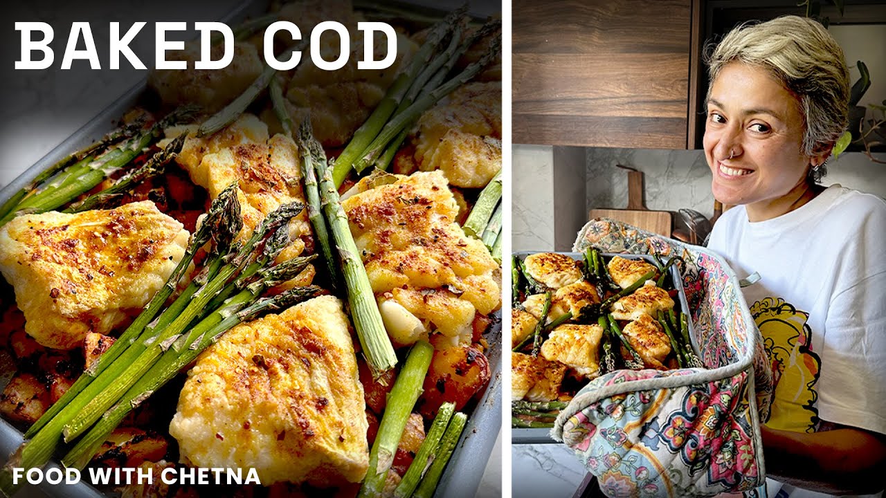 One tray BAKED COD with delicious potatoes and greens!