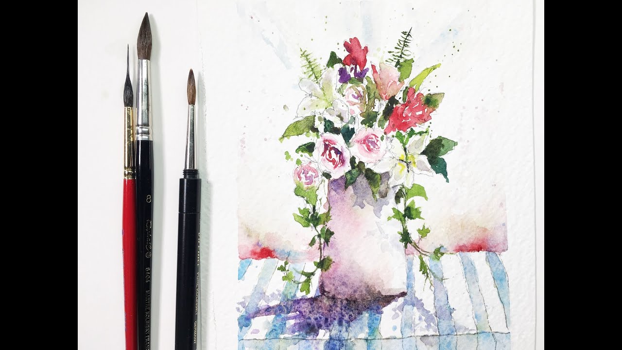 Fun Flower & Vase Watercolor Painting with Blue Striped Table Cloth - by Chris Petri