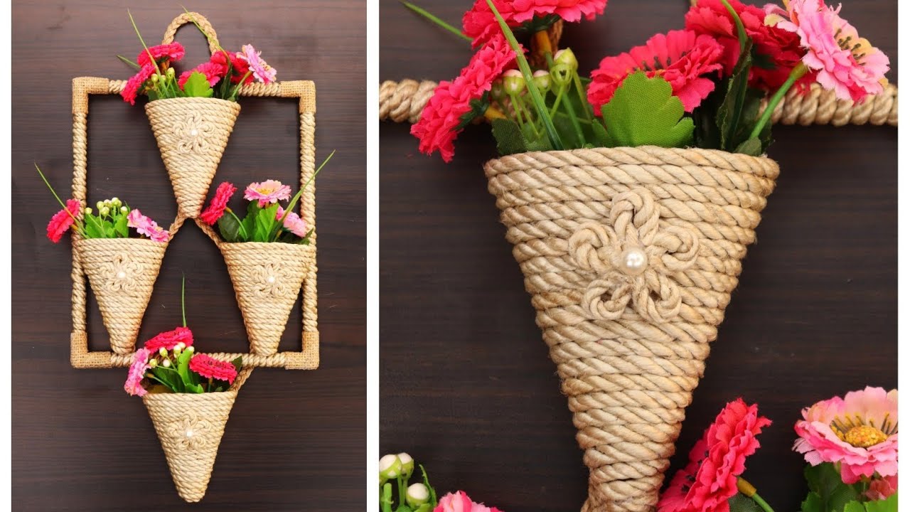 Jute Wall hanging flower vase / Hanging flower pot with jute rope / Handmade jute craft ideas