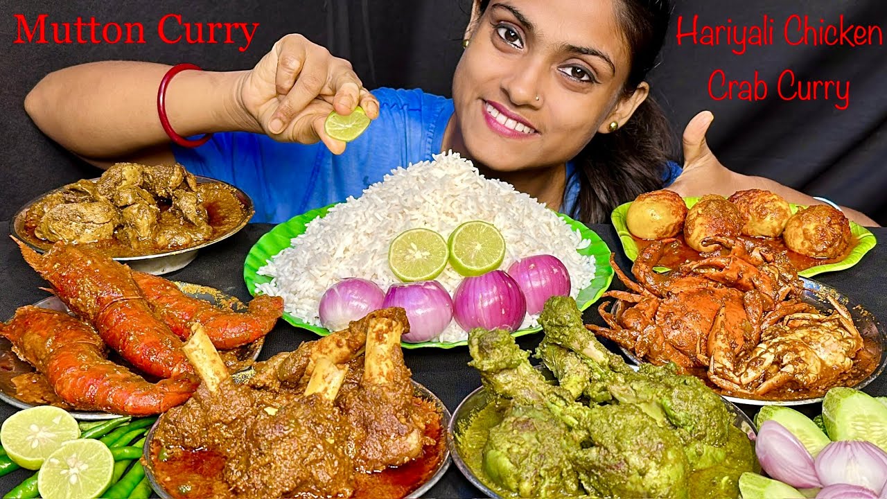 Spicy Mutton Curry Hariyali Chicken Curry Crab Curry Prawn Curry Egg Curry Basmati Rice Eating