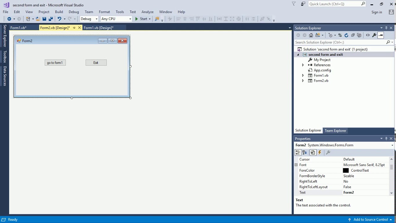 how to create a second form and exit button in vb net