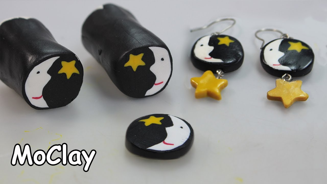 DIY Moon face and star cane - Polymer clay earrings