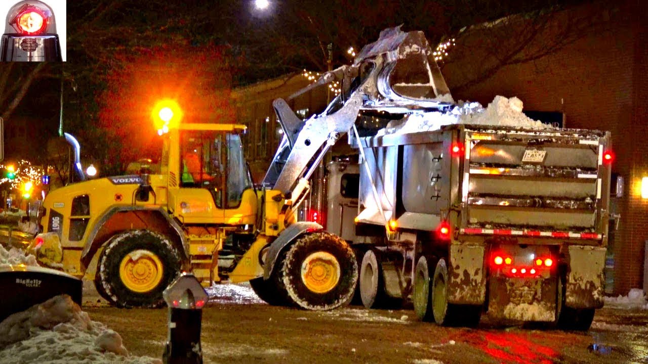 Snow Plowing (Bucket Loaders) into Big Trucks in Somerville Mass 4K