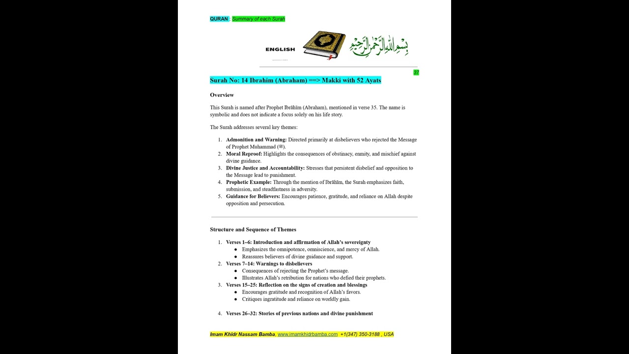 ENGLISH_QURAN_Summary of Each Surah_Surah #14 IBRHAIM (AS) Imam Khidr Bamba www.imamkhidrbamba.com