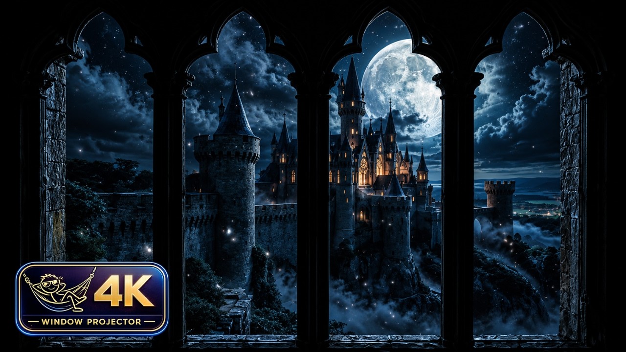 4K Hogwarts Winter Window View – Snowy Night Ambience (Projector Window)