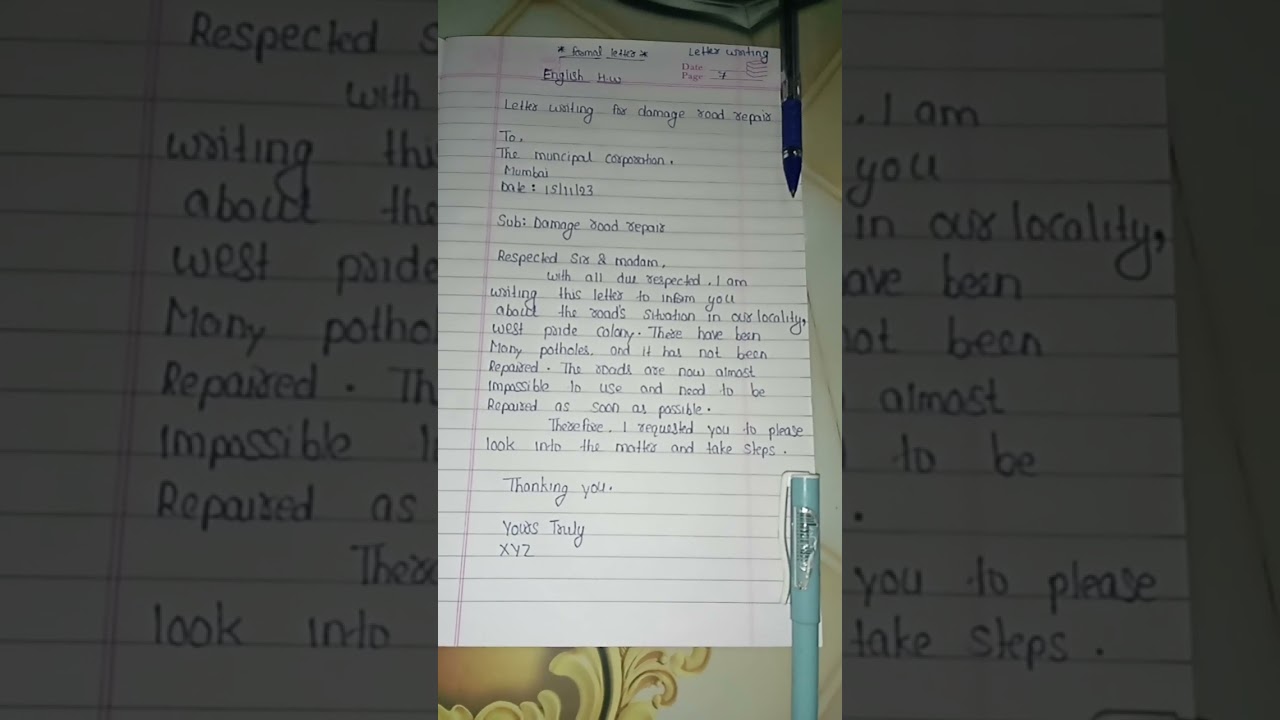 Write a complaint letter to municipal corporation for damage  road repair in english #letter writing