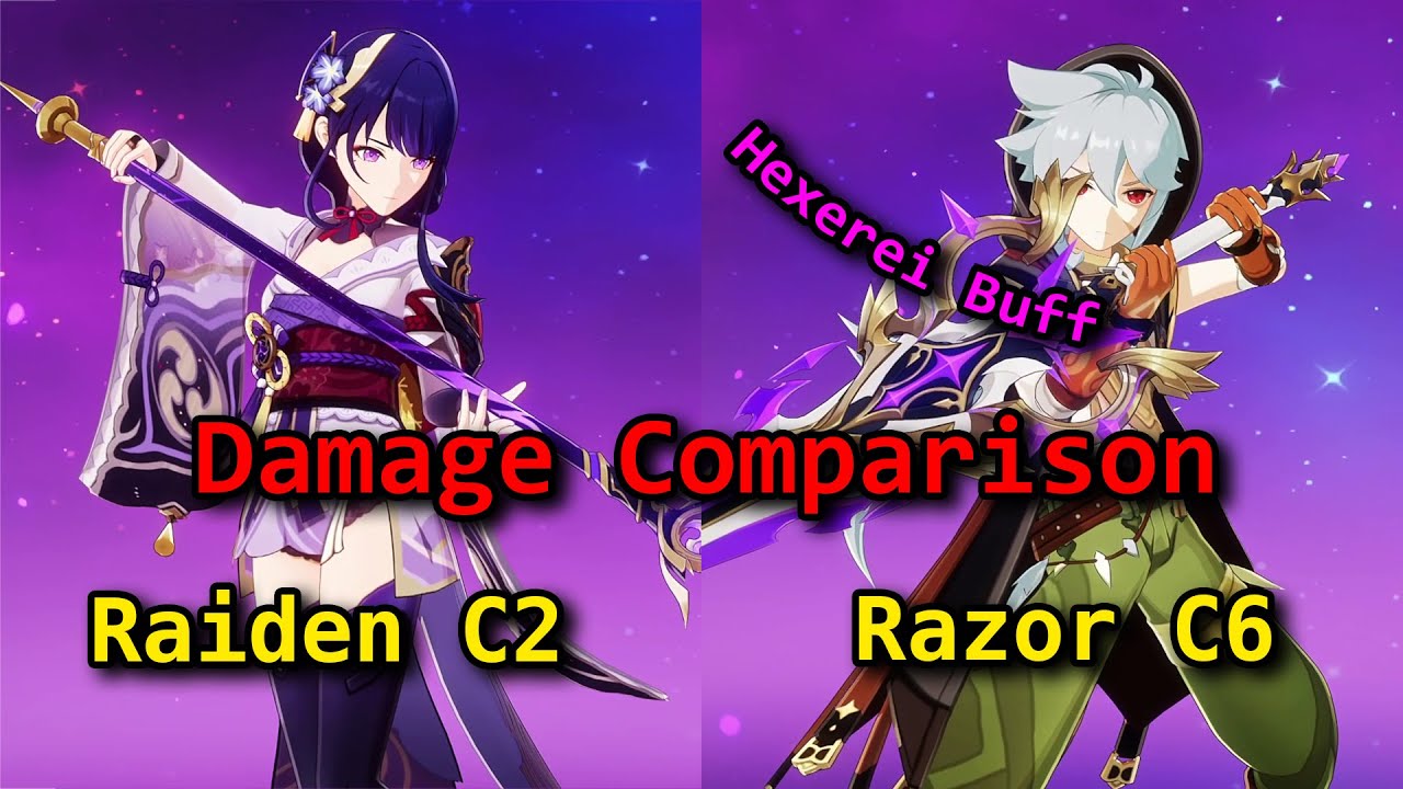 Razor Hexerei Buff Versus Raiden Shogun C2 | Damage Comparison | Genshin Impact