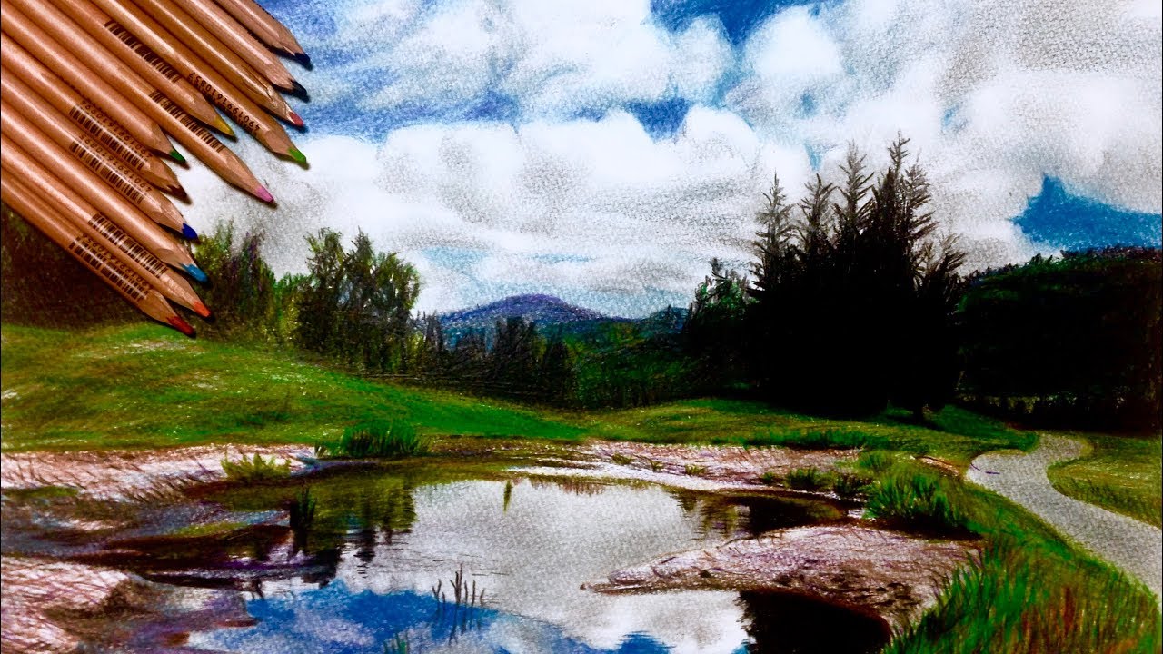 Landscape painting with colored pencils