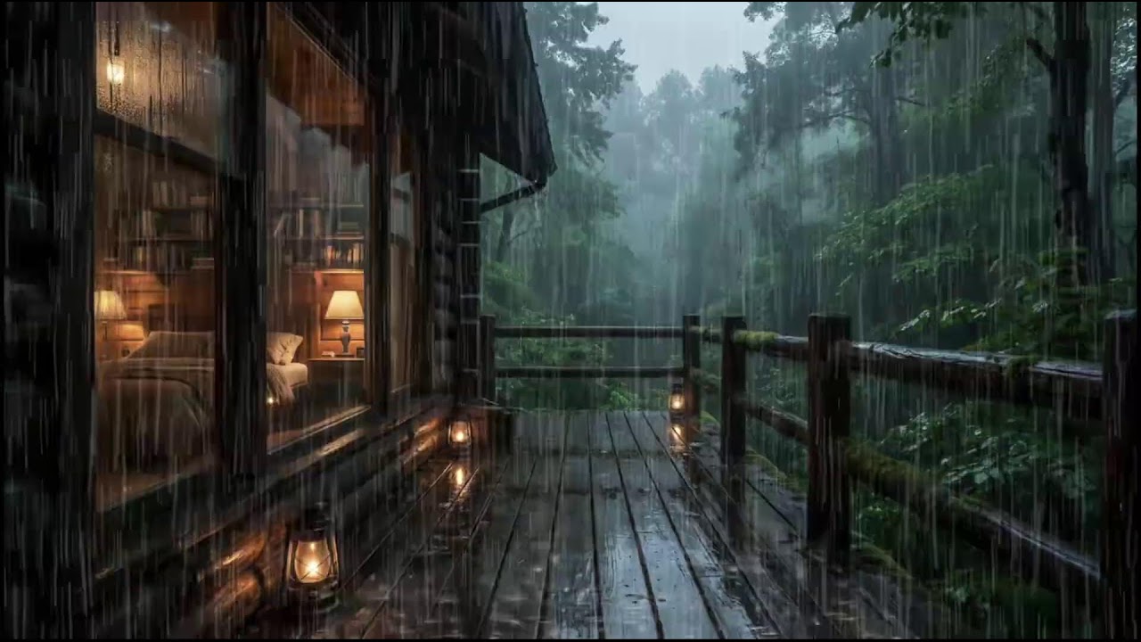 Calming rain near a forest cabin, slow rain rhythms for peaceful sleep support and insomnia rest