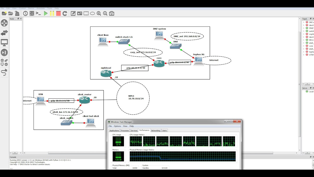 Large GNS3 lab, demonstrating how complex you could get