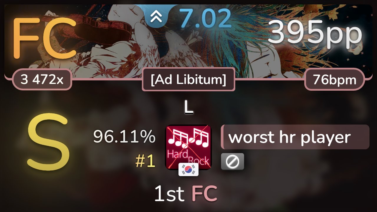 7.0⭐ worst hr player | Ice - L [Ad Libitum] 96.11% (#1 395pp FC) - osu!