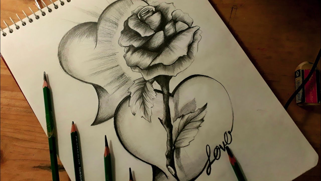 DIBUJANDO CORAZONES Y UNA ROSA - DIBUJOS DE AMOR