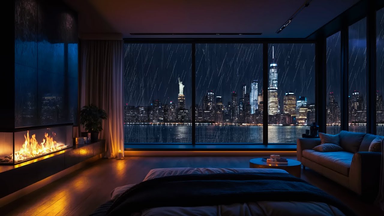 Rainy Night in Luxury Apartment Overlooking New York | Ambient Sounds for Deep Rest & Healing Sleep