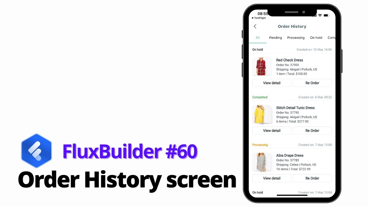 📣 FluxBuilder: Edit the Order History screen on your mobile app (Best No-code Flutter App Builder)