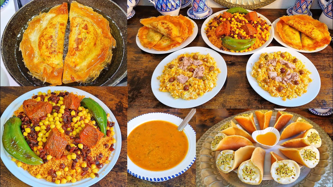 عشاء ليلة النص  كسكسي باللحم والحمص والزبيب شربة شعير بالشوفرات سلاطة خضراء قطايف بالقشطة 