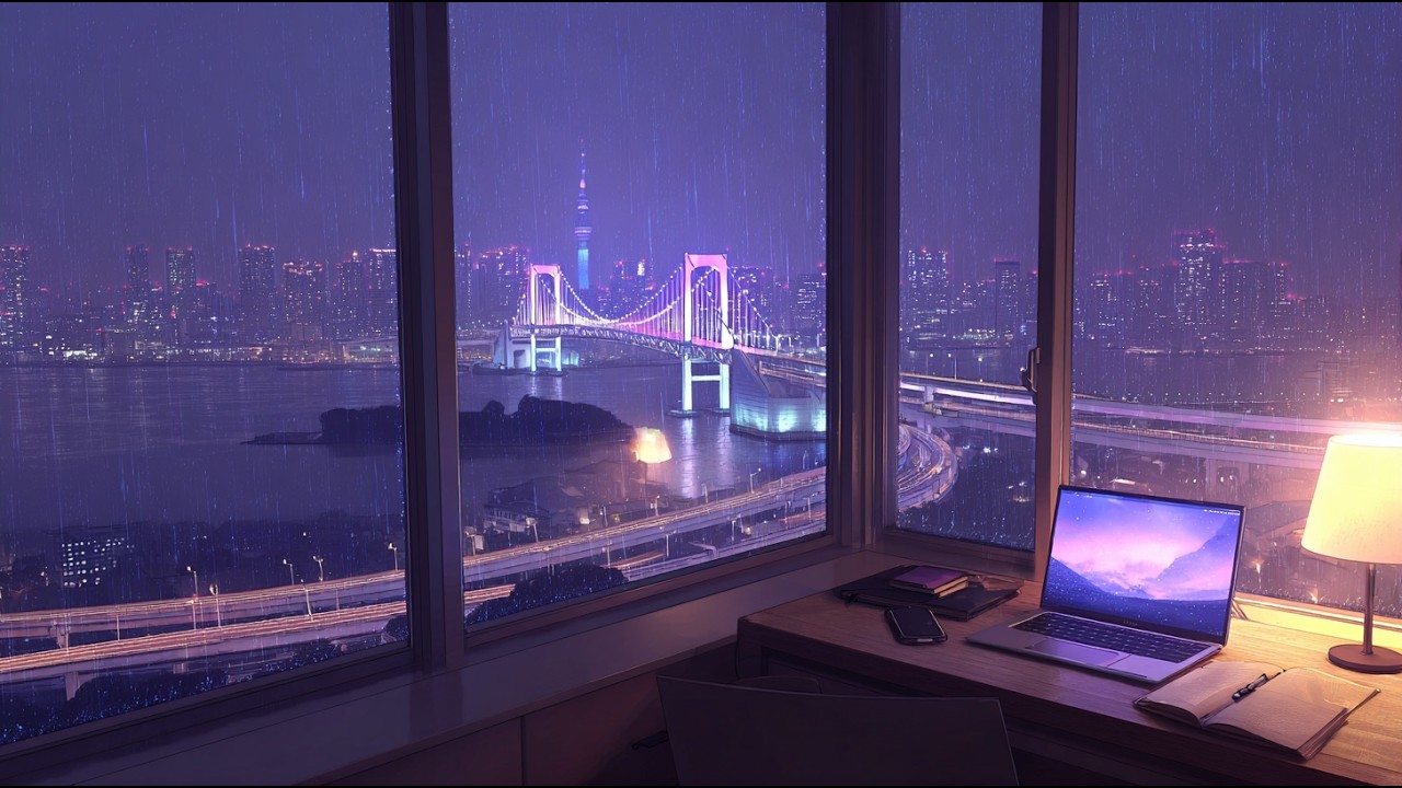 Rainy Tokyo Bridge Night Lofi ☔ Calm Beats for Study & Deep Focus (1+ Hour) 🎧🌙