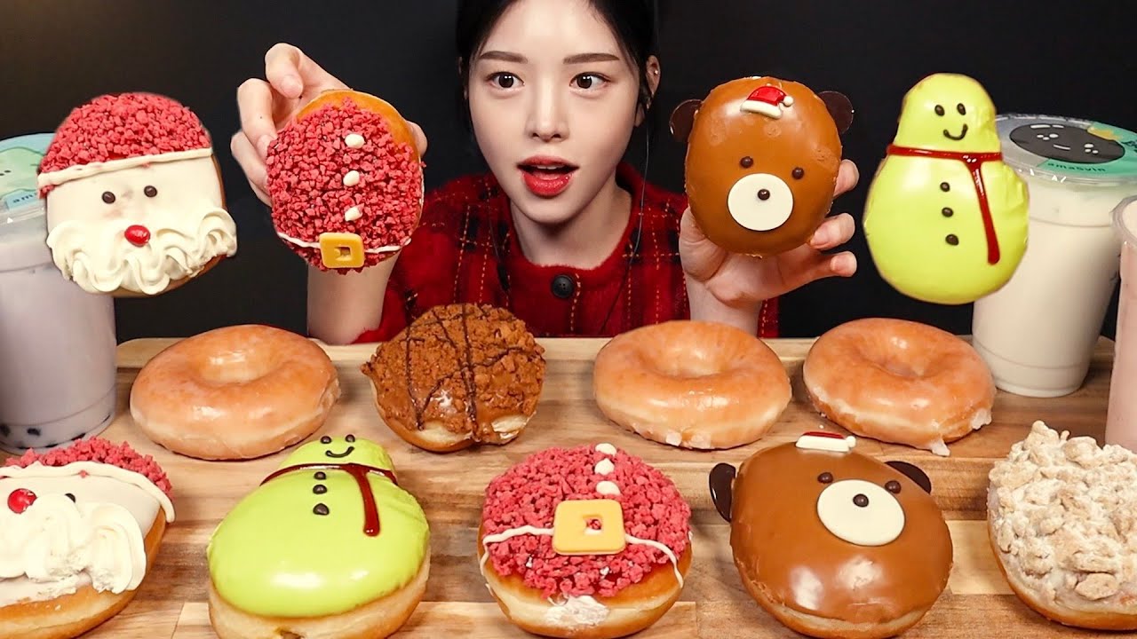 SUB)크리스마스 특집! 크리스피 도넛 먹방🍩🎅🏻🎁 오리지널 로투스 치즈케이크 버블티까지 디저트 리얼사운드 Christmas Doughnuts Mukbang ASMR