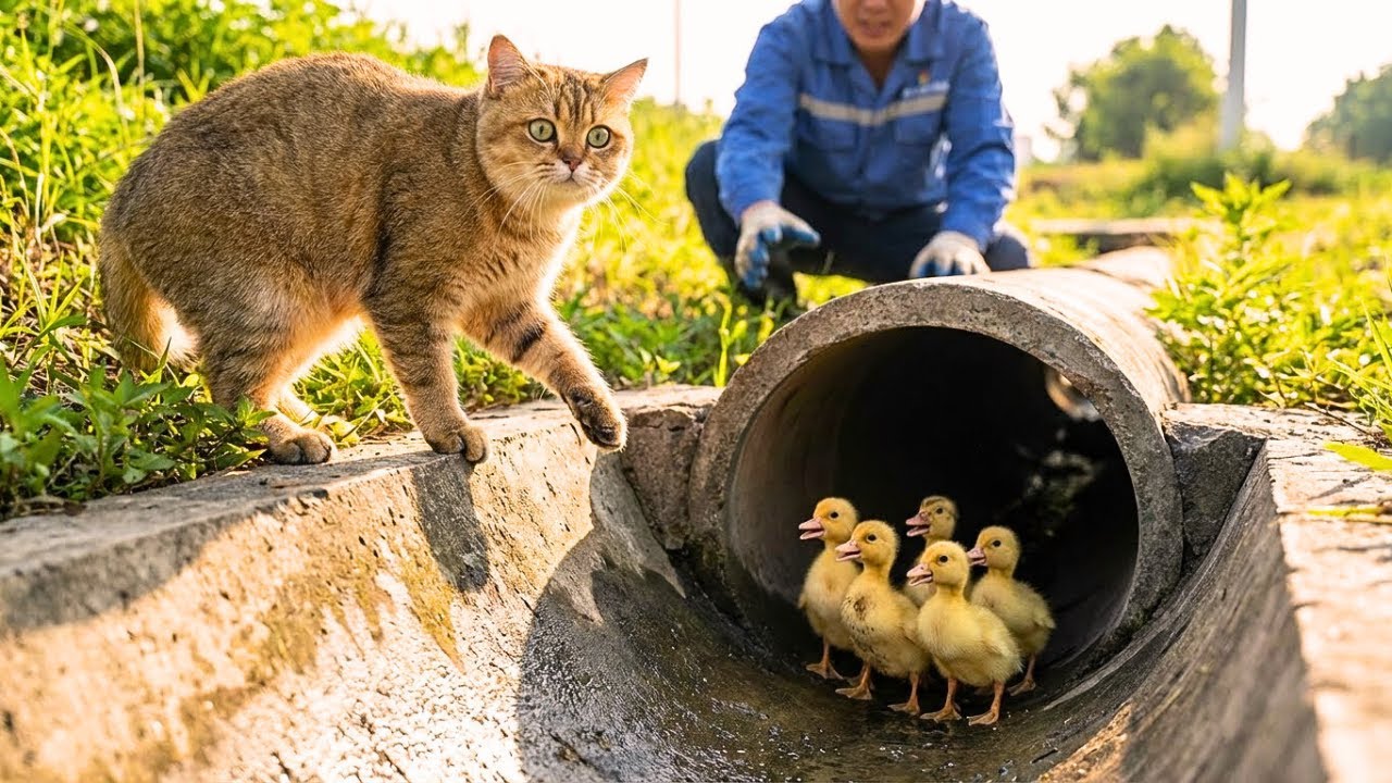 Un Gato Suplica Ayuda para Salvar a Patitos – Rescatando a los Patitos Atrapados en una Tubería