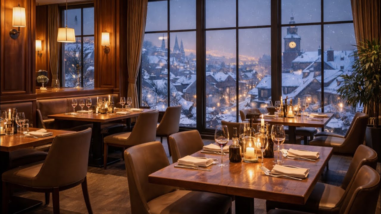🍷🕯️Cozy Restaurant with Smooth Jazz Music & Snowy City Ambience | For Restaurant Music - VMS
