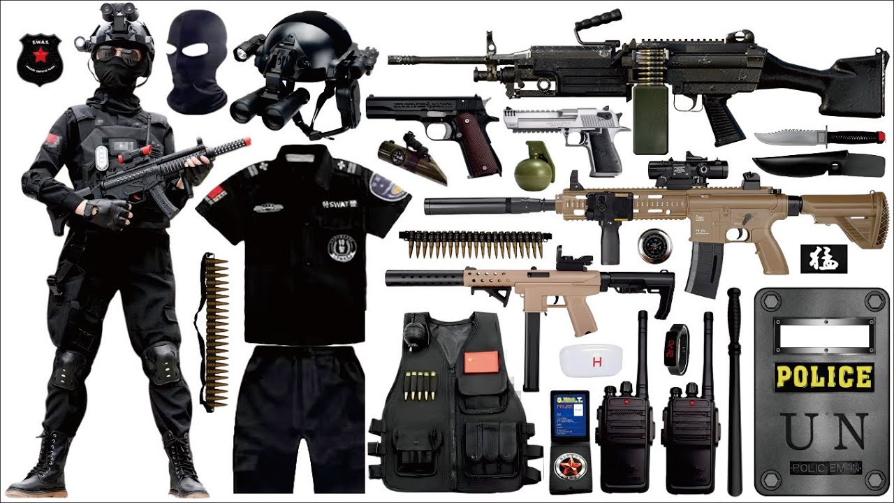 Unpack and collect toy guns, M249 machine gun, APE9 submachine gun, QBZ191 automatic rifle, Glock 