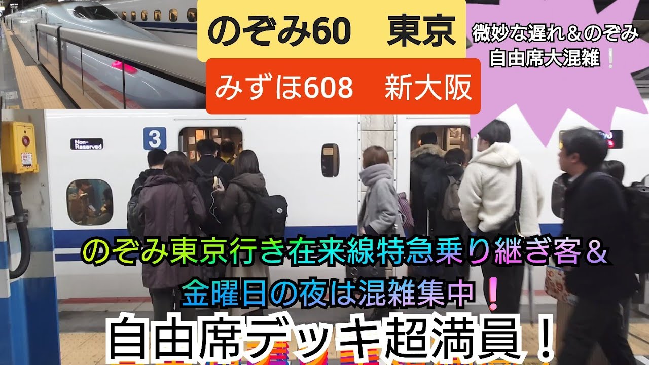 【山陽新幹線新岩国駅人身事故発生から12時間経過の岡山駅】7分間隔で連続で発着する新幹線達＆自由席大混雑と化するのぞみ❗/のぞみ60号➡みずほ608号➡こだま862号/3月8日撮影