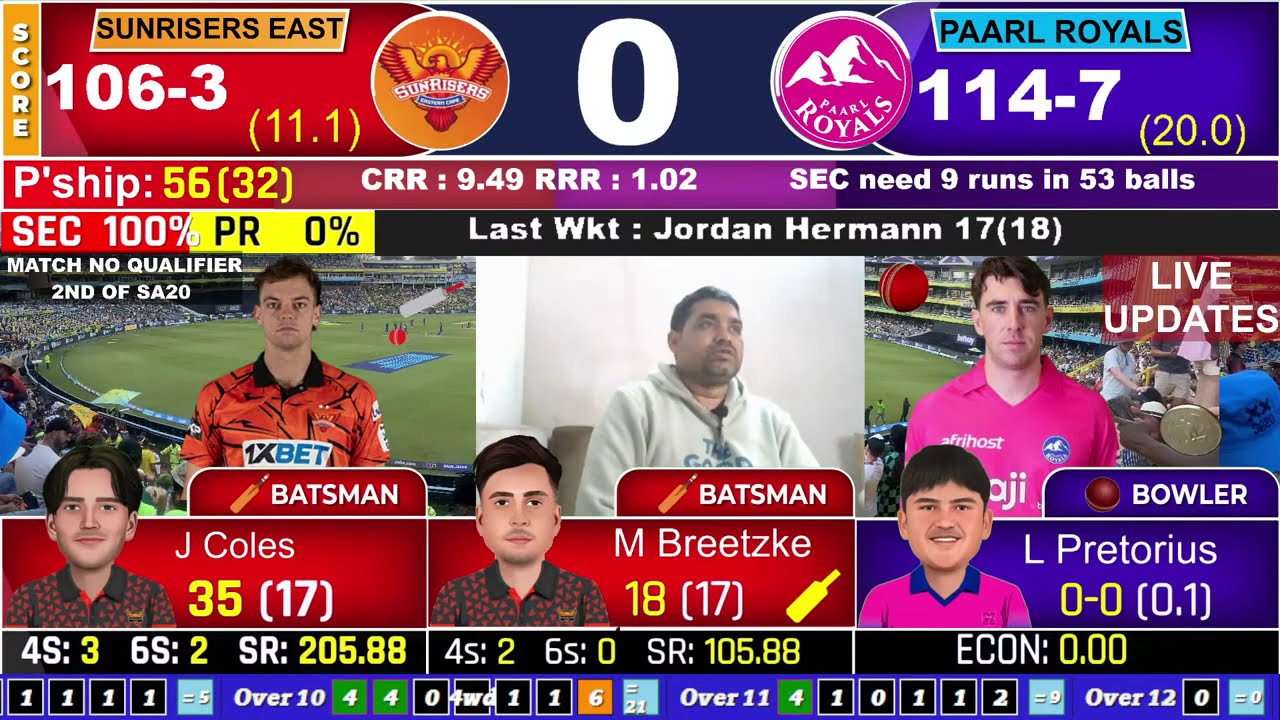 LIVE SCORE UPDATES OF SA 20 LEAGUE 25 || MATCH QUALIFIER 2ND SUNRISERS EASTERN CAPE VS PAARL ROYALS