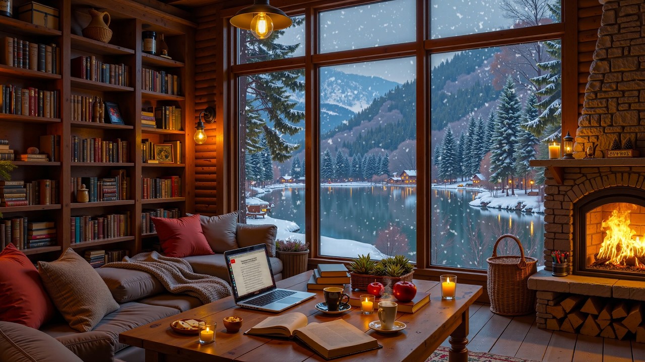 Snow Falling Outside a Quiet Lake Cabin ☕ Cozy Fireplace Jazz for Late Winter Nights