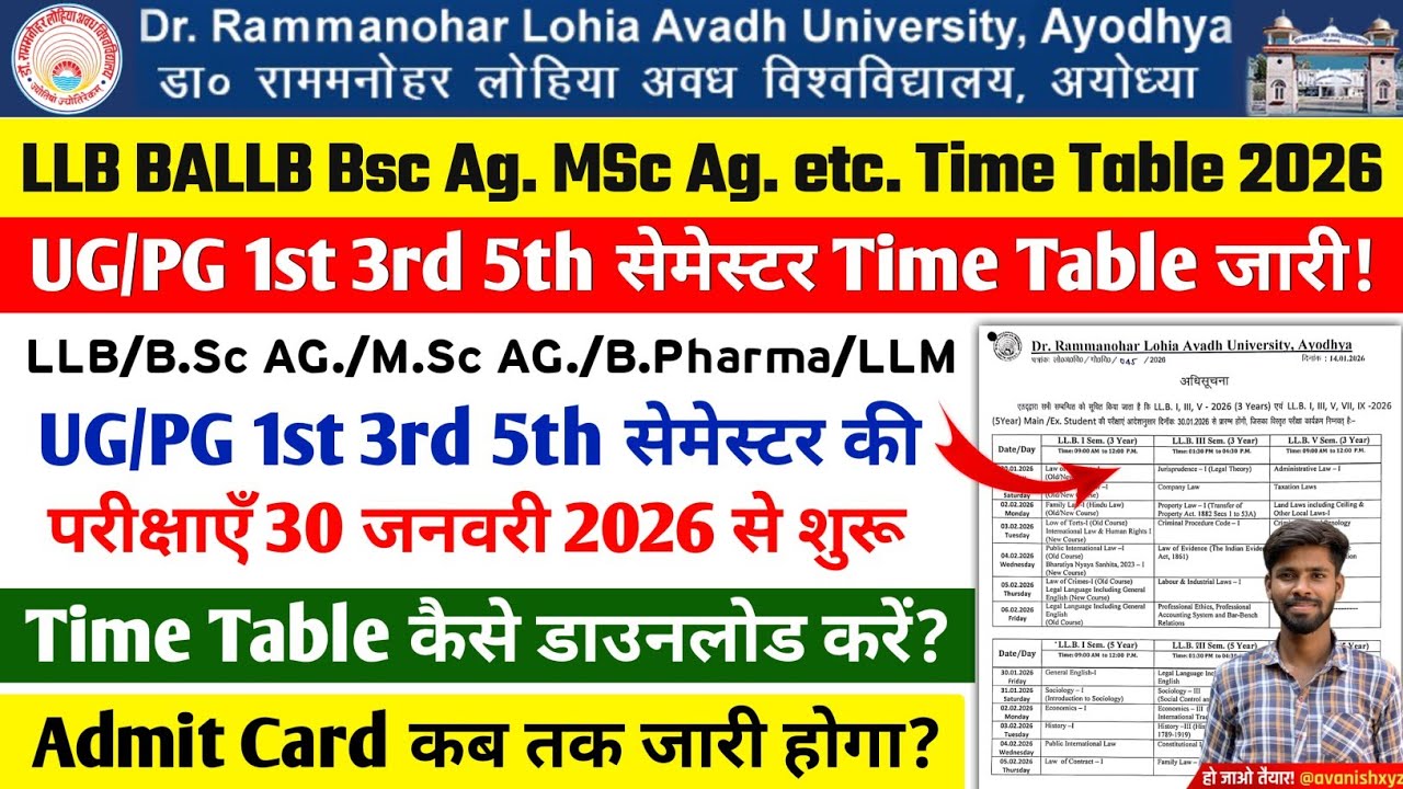 Rmlau time table 2026 | rmlau ug pg 1st 3rd 5th semester time table 2025 | Rmlau exam scheme 2026