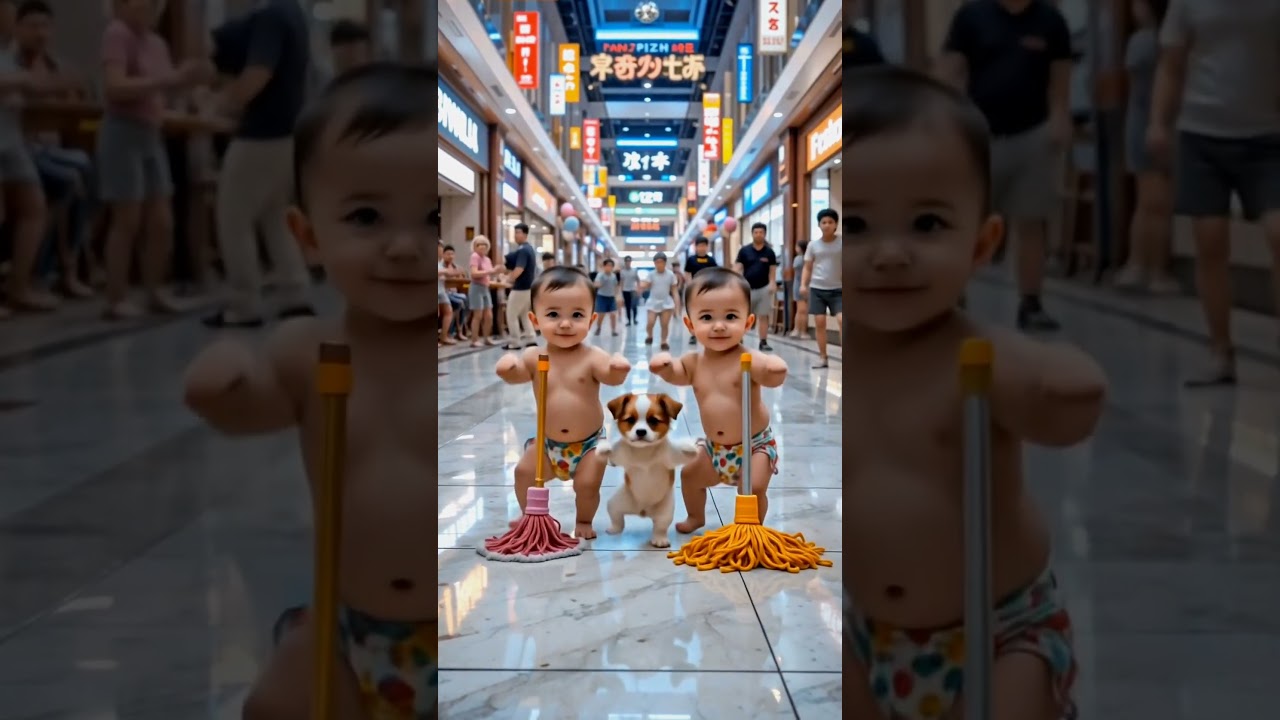 Cute Baby Twins with Puppy Cleaning the Mall | Funny Baby Video 2025