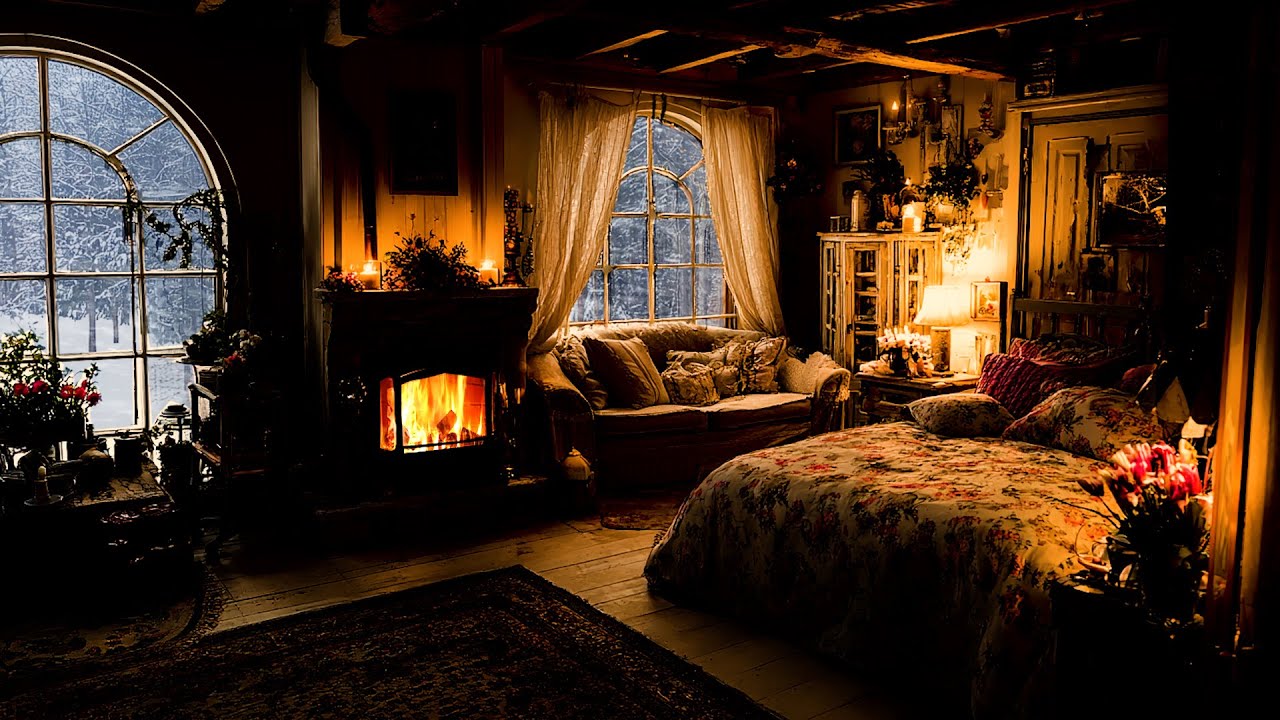 🔴Silent Winter Retreat Featuring Cozy Fire Crackles and Whispering Blizzard Sounds for Sleep